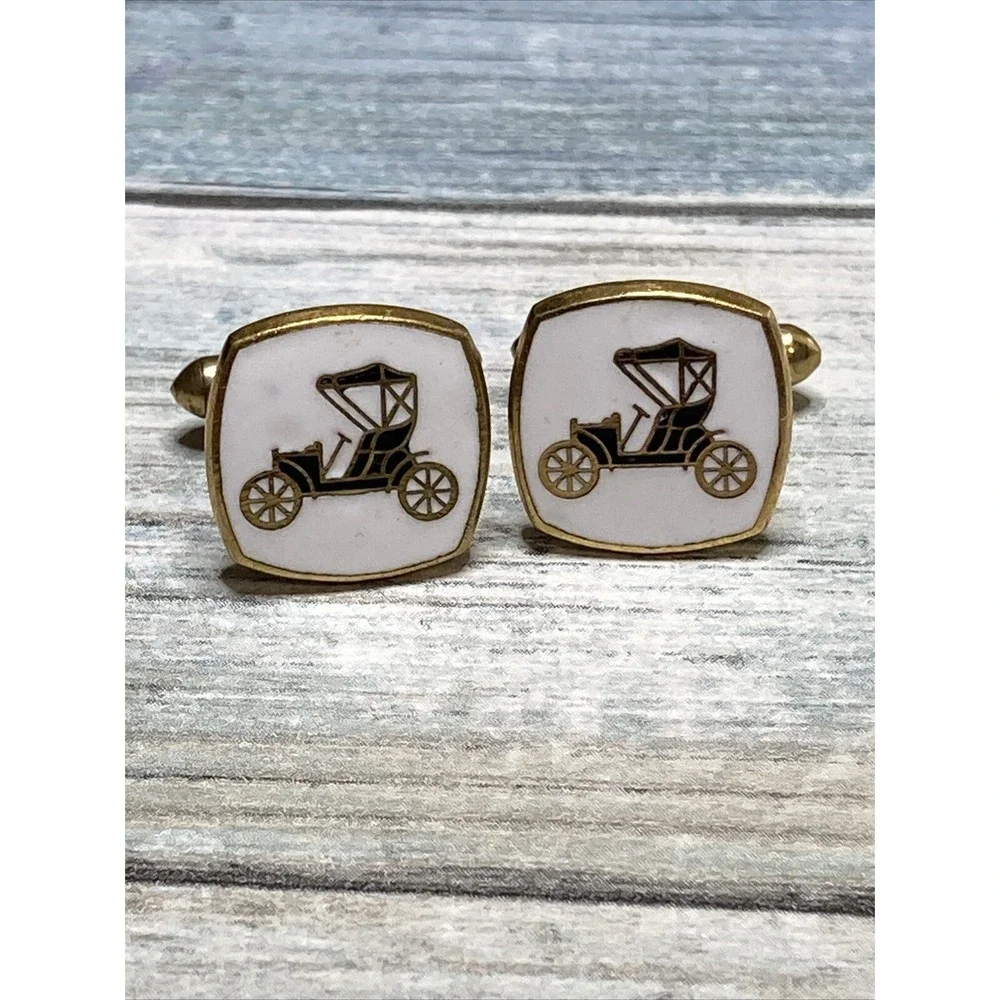 Vintage Enamel Car Cufflinks Pair Square White Gold tone